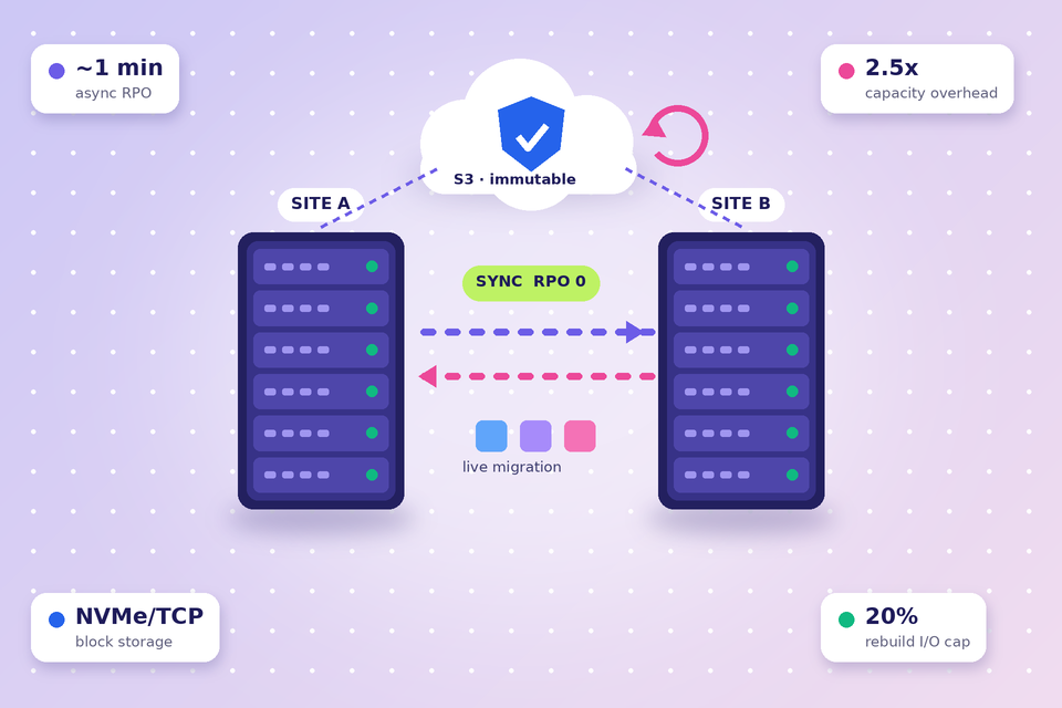 Illustration of two server racks labeled Site A and Site B linked by synchronous replication arrows (RPO 0), backing up to an immutable S3 cloud with a ransomware rollback arrow, with callouts for about 1 minute async RPO, 2.5x capacity overhead, NVMe/TCP block storage and a 20% rebuild I/O cap.