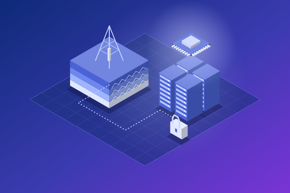 Isometric illustration of a layered seismic data block with a drilling rig beside a rack of servers, a processor chip and a padlock, linked by a dotted line
