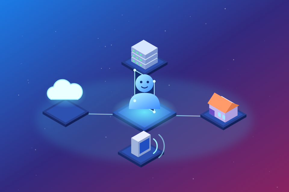 Isometric illustration of a glowing AI persona on a video screen at the center of a platform, linked to four surrounding tiles: a cloud, a server rack, a schoolhouse and a phone with sound waves, representing Napster's AI agents across cloud, infrastructure, education and phone channels, on a blue-to-purple gradient background.