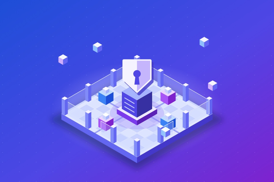Isometric illustration of a shield with a keyhole above an AI core on a railed platform, representing AI security and control